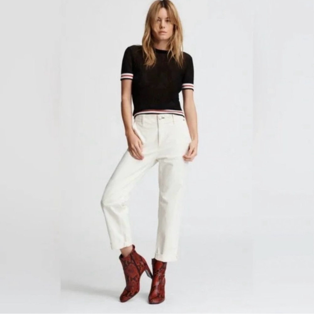 Rag & Bone Arctic Ribbed Short Sleeve Tee Women's Small Black Red Striped Trim‎